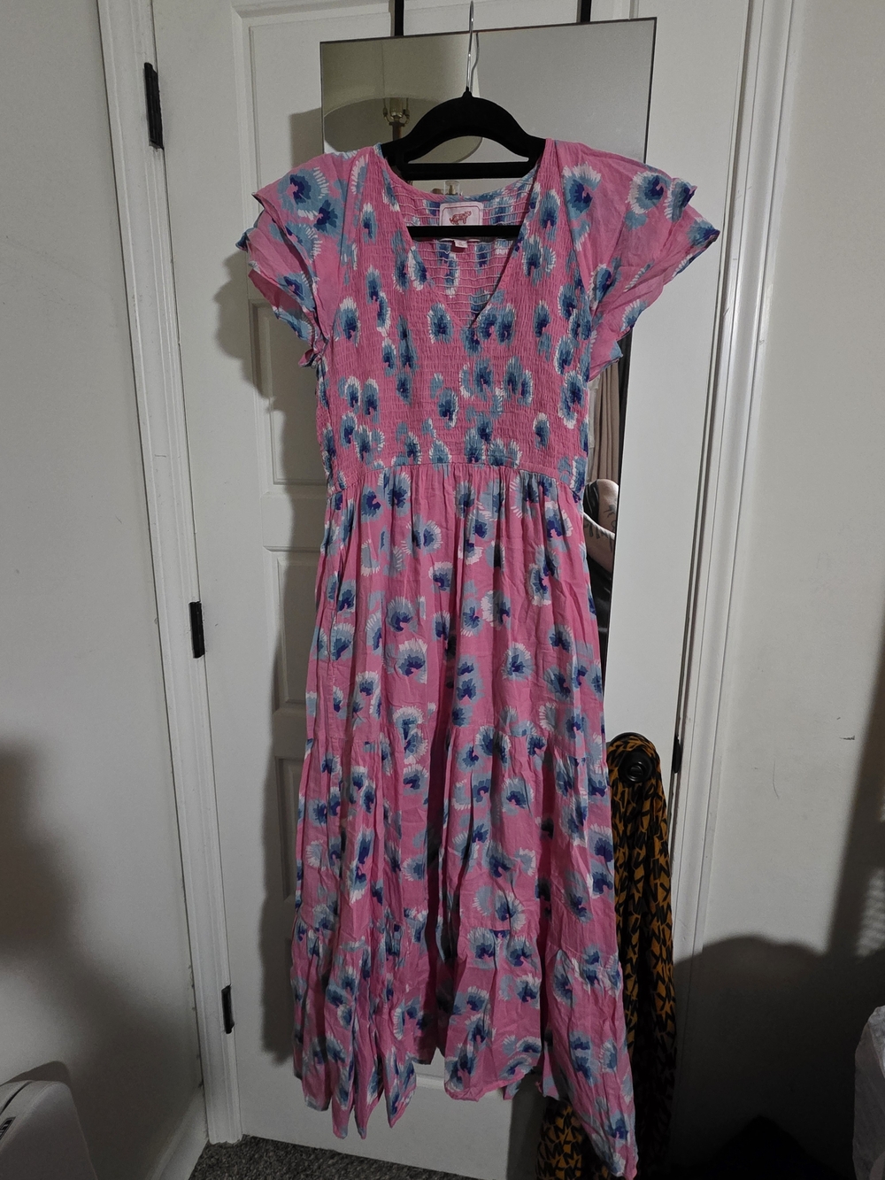 Banjanan Pink Floral Midi Dress with Blue Accents